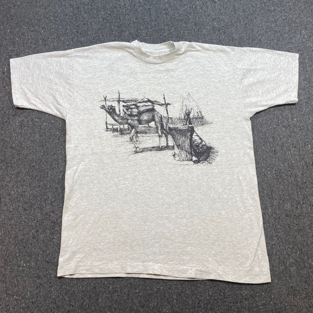 TShirt Sz L Mens Gray Vintage 90s Grunge Camel Desert Animal Single Stitch Tee